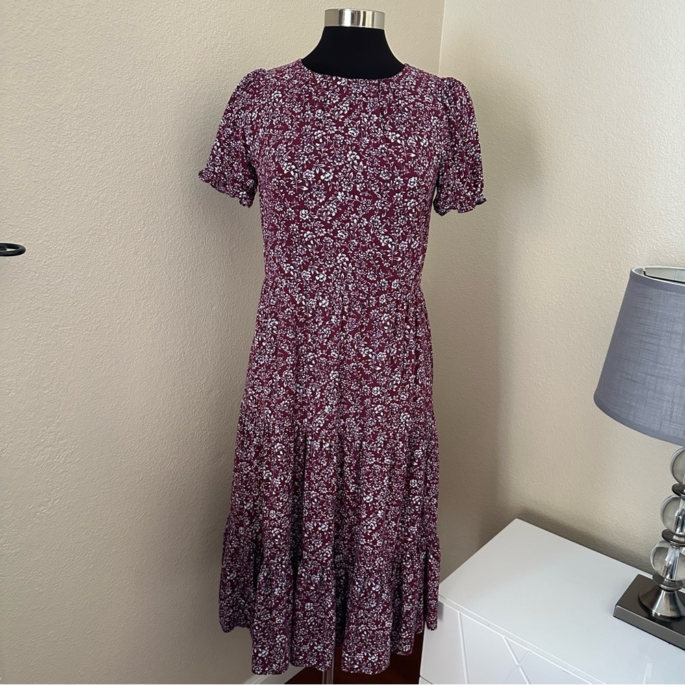 J. Crew Burgundy Floral tiered Puff Sleeve Midi Dress Size XS - Picture 3 of 16
